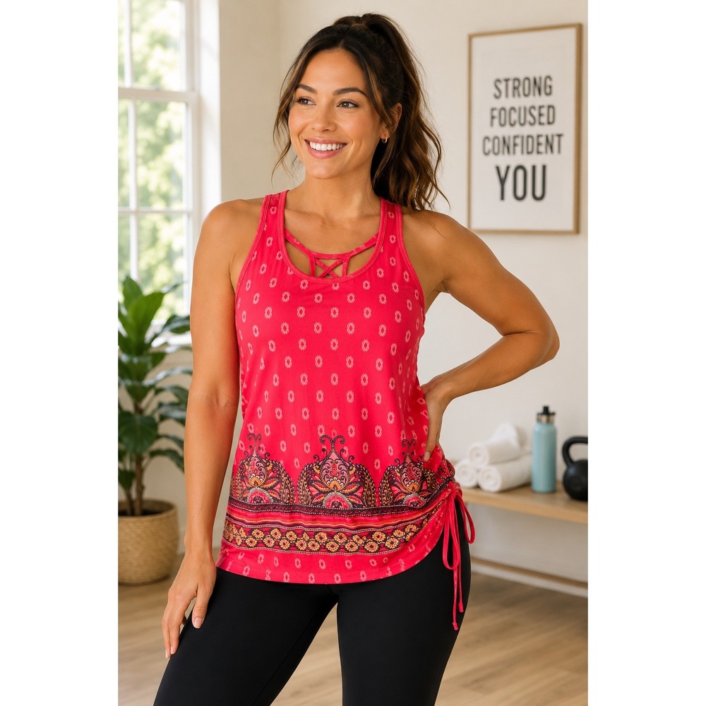 Athleta Racerback Tank Top Women's S Coral Pink Print‎ Side Tie Shelf Bra Active